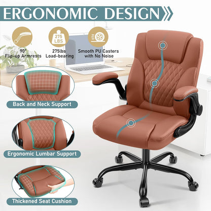 PU Leather Office Chair, Ergonomic Back Support & 360°Swivel - Brown