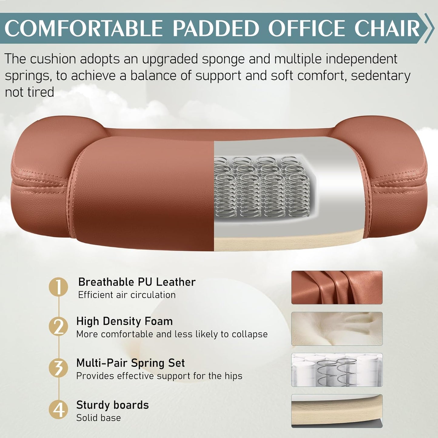 PU Leather Office Chair, Ergonomic Back Support & 360°Swivel - Brown