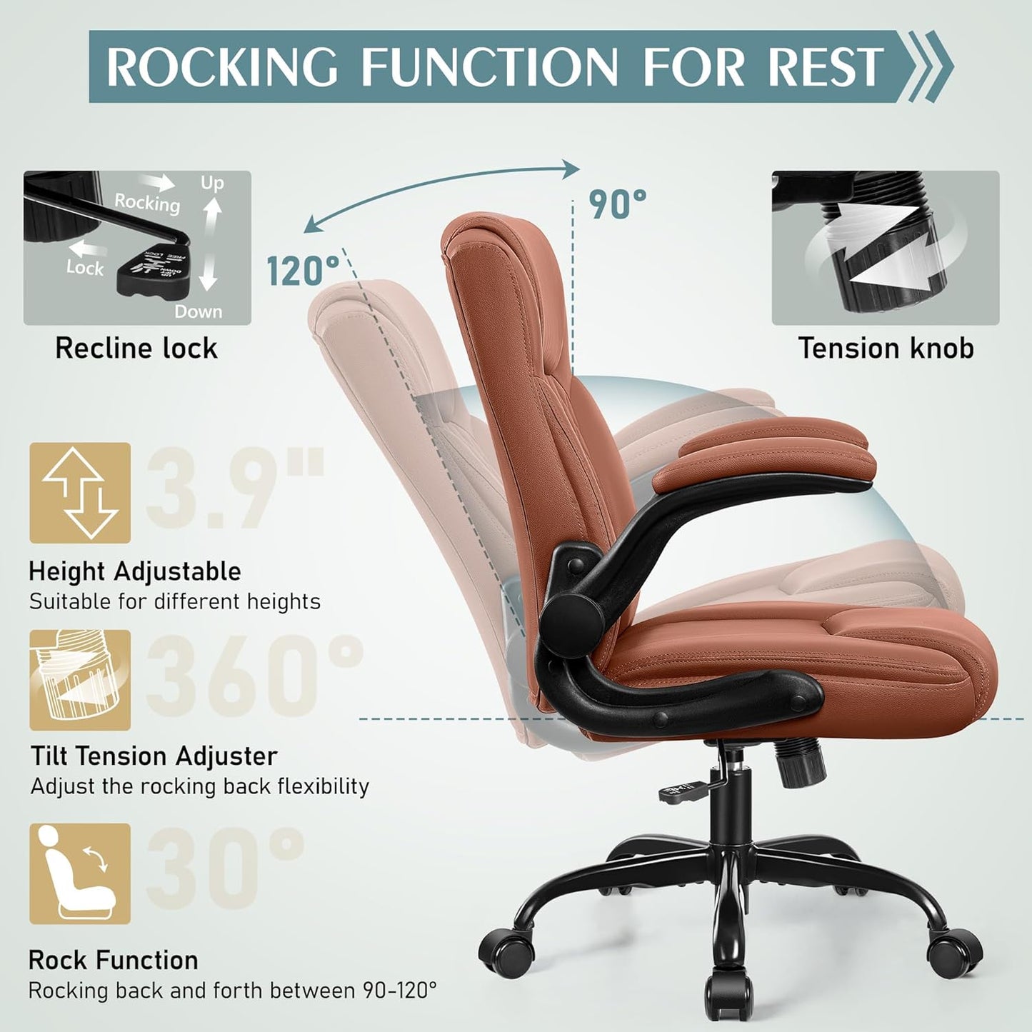 PU Leather Office Chair, Ergonomic Back Support & 360°Swivel - Brown