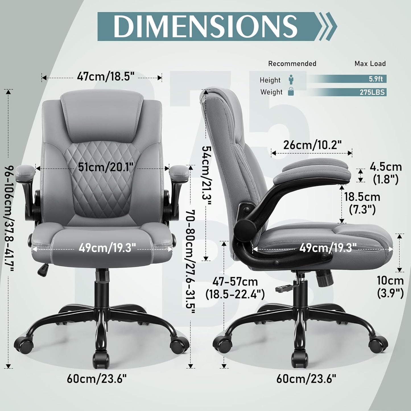 PU Leather Office Chair, Ergonomic Back Support & 360°Swivel - Gray