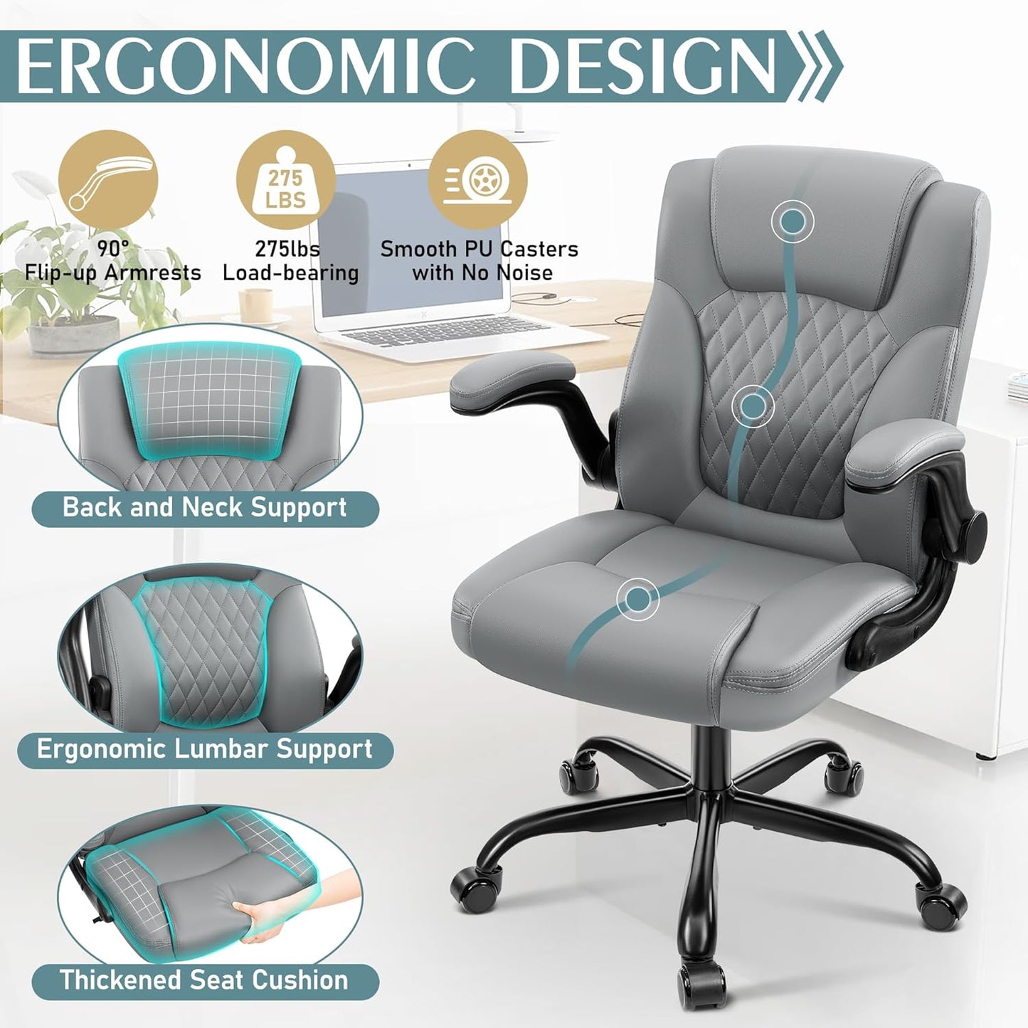 PU Leather Office Chair, Ergonomic Back Support & 360°Swivel - Gray