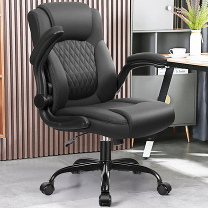 PU Leather Office Chair, Ergonomic Back Support & 360°Swivel - Black