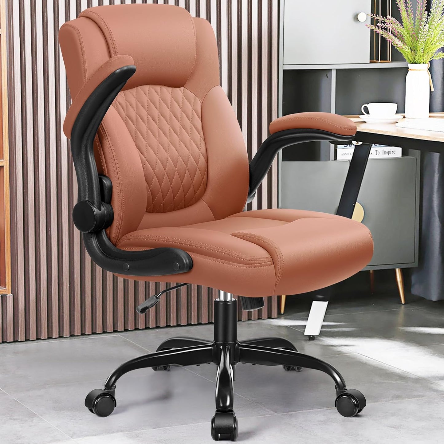 PU Leather Office Chair, Ergonomic Back Support & 360°Swivel - Brown
