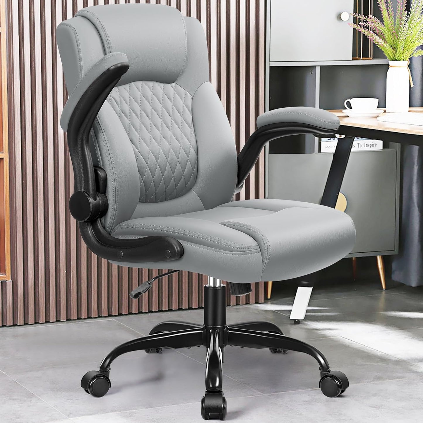 PU Leather Office Chair, Ergonomic Back Support & 360°Swivel - Gray
